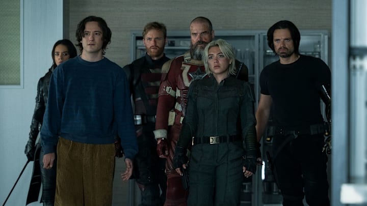 Ghost (Hannah John-Kamen), Bob (Lewis Pullman), John Walker (Wyatt Russell), Alexei Shostakov/Red Guardian (David Harbour), Yelena Belova (Florence Pugh) and Bucky Barnes (Sebastian Stan)in Marvel Studios' THUNDERBOLTS*. Photo by Chuck Zlotnick. © 2025 MARVEL.