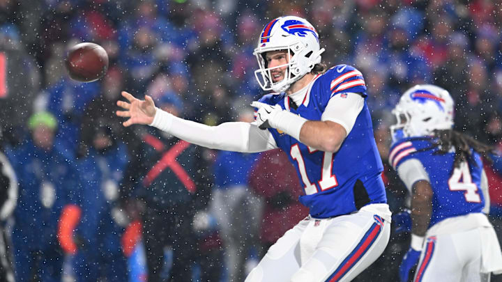 Dec 1, 2024; Orchard Park, New York, USA; Buffalo Bills quarterback Josh Allen (17) throws a pass in the first quarter against the San Francisco 49ers at Highmark Stadium. Dec 1, 2024; Orchard Park, New York, USA; Buffalo Bills quarterback Josh Allen (17) throws a pass in the first quarter against the San Francisco 49ers at Highmark Stadium.