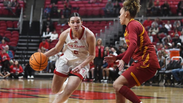 Texas Tech's Gemma Nunez dribbles against Iowa State in a Big 12 women's basketball game Wednesday, Jan. 28, 2026, at United Supermarkets Arena. Texas Tech's Gemma Nunez dribbles against Iowa State in a Big 12 women's basketball game Wednesday, Jan. 28, 2026, at United Supermarkets Arena.