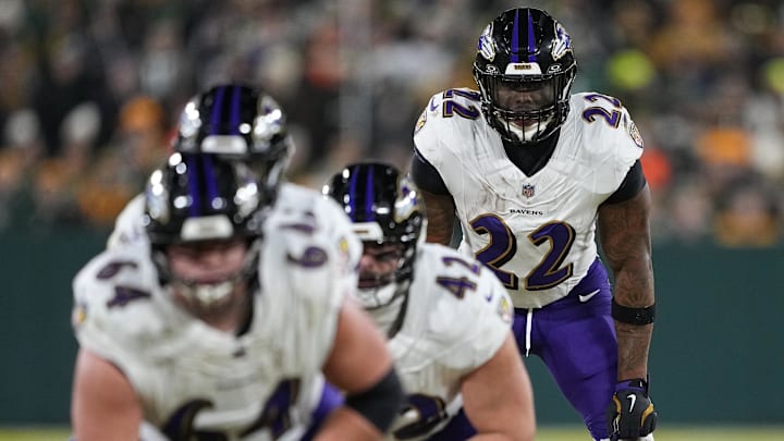 Dec 27, 2025; Green Bay, Wisconsin, USA; Baltimore Ravens running back Derrick Henry (22) during the game against the Green Bay Packers at Lambeau Field. Mandatory Credit: Jeff Hanisch-Imagn Images Dec 27, 2025; Green Bay, Wisconsin, USA; Baltimore Ravens running back Derrick Henry (22) during the game against the Green Bay Packers at Lambeau Field. Mandatory Credit: Jeff Hanisch-Imagn Images