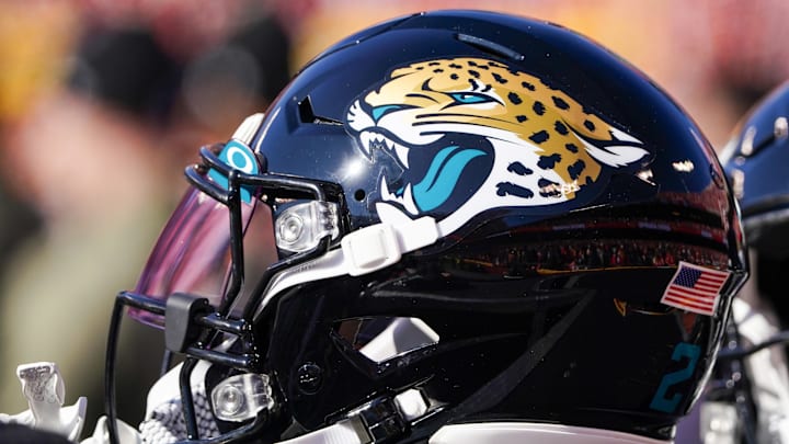 Nov 13, 2022; Kansas City, Missouri, USA; A detail view of a Jacksonville Jaguars helmet against the Kansas City Chiefs during the first half of the game at GEHA Field at Arrowhead Stadium. Mandatory Credit: Denny Medley-Imagn Images Nov 13, 2022; Kansas City, Missouri, USA; A detail view of a Jacksonville Jaguars helmet against the Kansas City Chiefs during the first half of the game at GEHA Field at Arrowhead Stadium. Mandatory Credit: Denny Medley-Imagn Images
