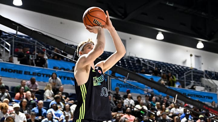 Apr 1, 2024; Houston, TX, USA;  McDonald's All American East forward Liam McNeeley shoots in the three point competition during the 2024 McDonalds High School All American Powerade Jamfest at Delmar Fieldhouse. Mandatory Credit: Maria Lysaker-USA TODAY Sports