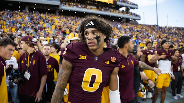Nov 23, 2024; Tempe, Arizona, USA; Arizona State Sun Devils wide receiver Jordyn Tyson (0) against the Brigham Young Cougars at Mountain America Stadium. Mandatory Credit: Mark J. Rebilas-Imagn Images
