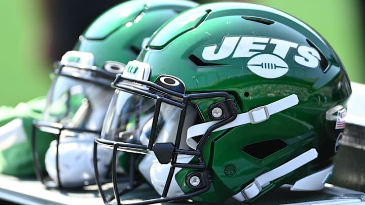 Sep 12, 2021; Charlotte, North Carolina, USA;  New York Jets helmets on the sidelines at Bank of America Stadium. Mandatory Credit: Bob Donnan-Imagn Images
