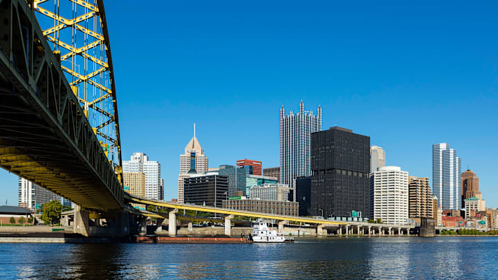 City skyline and Fort Pitt Bridge...