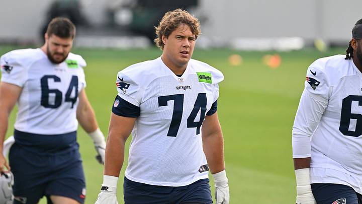 Jul 28, 2026; Foxborough, MA, USA; New England Patriots tackle Caleb Lomu (74) walks to practice for training camp at Gillette Stadium. Mandatory Credit: Eric Canha-Imagn Images Jul 28, 2026; Foxborough, MA, USA; New England Patriots tackle Caleb Lomu (74) walks to practice for training camp at Gillette Stadium. Mandatory Credit: Eric Canha-Imagn Images