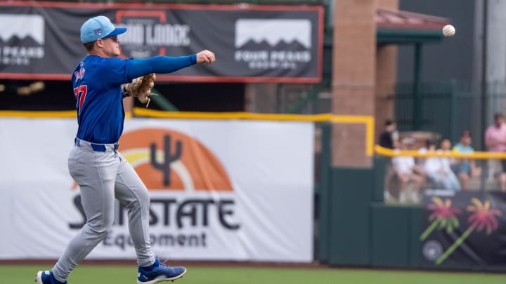 Feb 24, 2024; Scottsdale, Arizona, USA; Chicago Cubs infielder Matt Shaw (77) throws to first base in the first inning during a spring training game against the San Francisco Giants at Scottsdale Stadium. 