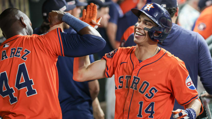 Jun 14, 2024; Houston, Texas, USA;  Houston Astros left fielder Yordan Alvarez (44) celebrates first baseman Mauricio Dubon (14) two-run home run against the Detroit Tigers in the sixth inning at Minute Maid Park