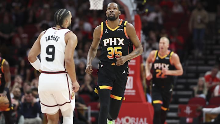 Mar 12, 2025; Houston, Texas, USA; Phoenix Suns forward Kevin Durant (35) looks up after a play during the first quarter against the Houston Rockets at Toyota Center. Mandatory Credit: Troy Taormina-Imagn Images