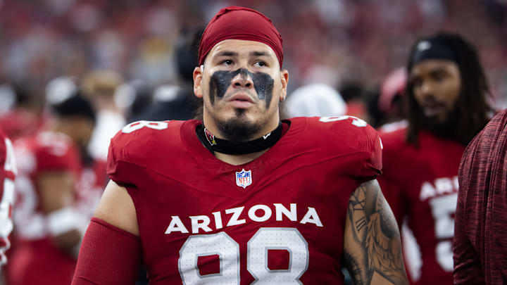 Aug 10, 2024; Glendale, Arizona, USA; Arizona Cardinals defensive tackle Roy Lopez (98) against the New Orleans Saints during a preseason NFL game at State Farm Stadium. Mandatory Credit: Mark J. Rebilas-Imagn Images
