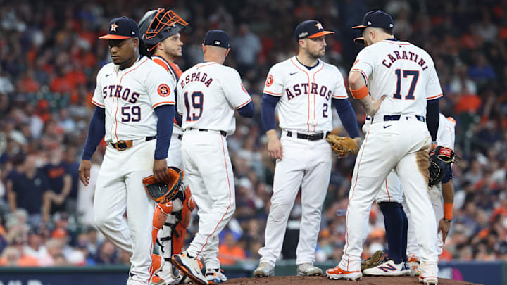 Oct 1, 2024; Houston, Texas, USA; Houston Astros pitcher Framber Valdez (59) is relieved by Houston Astros manager Joe Espada (19) in the fifth inning against the Detroit Tigers in game one of the Wild Card round for the 2024 MLB Playoffs at Minute Maid Park.