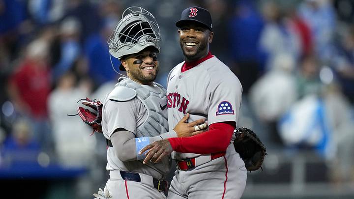 May 20, 2026; Kansas City, Missouri, USA; Boston Red Sox catcher Carlos Narvaez (75) and Boston Red Sox relief pitcher Aroldis Chapman (44) celebrate after defeating the Kansas City Royals at Kauffman Stadium. Mandatory Credit: Jay Biggerstaff-Imagn Images May 20, 2026; Kansas City, Missouri, USA; Boston Red Sox catcher Carlos Narvaez (75) and Boston Red Sox relief pitcher Aroldis Chapman (44) celebrate after defeating the Kansas City Royals at Kauffman Stadium. Mandatory Credit: Jay Biggerstaff-Imagn Images