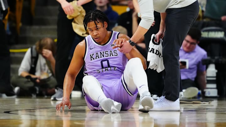 Feb 25, 2026; Boulder, Colorado, USA; Kansas State Wildcats forward Elias Rapieque (0) following an injury in the second half against the Colorado Buffaloes at the CU Events Center. Feb 25, 2026; Boulder, Colorado, USA; Kansas State Wildcats forward Elias Rapieque (0) following an injury in the second half against the Colorado Buffaloes at the CU Events Center.