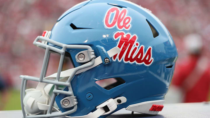 Nov 2, 2024; Fayetteville, Arkansas, USA; Ole Miss Rebels helmet during the game against the Arkansas Razorbacks at Donald W. Reynolds Razorback Stadium. Mississippi won 63-31. Mandatory Credit: Nelson Chenault-Imagn Images