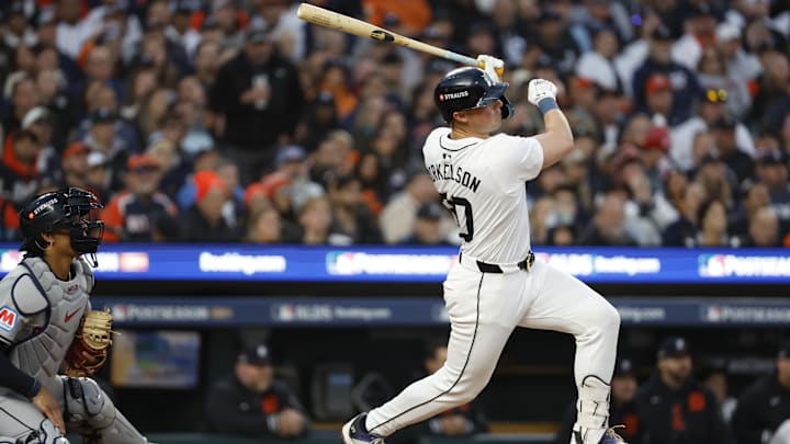 Oct 10, 2024; Detroit, Michigan, USA; Detroit Tigers first base Spencer Torkelson (20) hits a single in the second inning against the Cleveland Guardians during game four of the ALDS for the 2024 MLB Playoffs at Comerica Park. Oct 10, 2024; Detroit, Michigan, USA; Detroit Tigers first base Spencer Torkelson (20) hits a single in the second inning against the Cleveland Guardians during game four of the ALDS for the 2024 MLB Playoffs at Comerica Park.