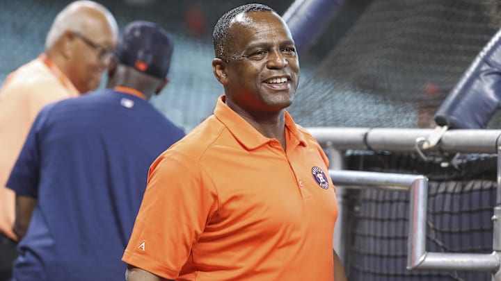 Jul 25, 2023; Houston, Texas, USA; Houston Astros general manager Dana Brown on the field before the game against the Texas Rangers at Minute Maid Park. Jul 25, 2023; Houston, Texas, USA; Houston Astros general manager Dana Brown on the field before the game against the Texas Rangers at Minute Maid Park.