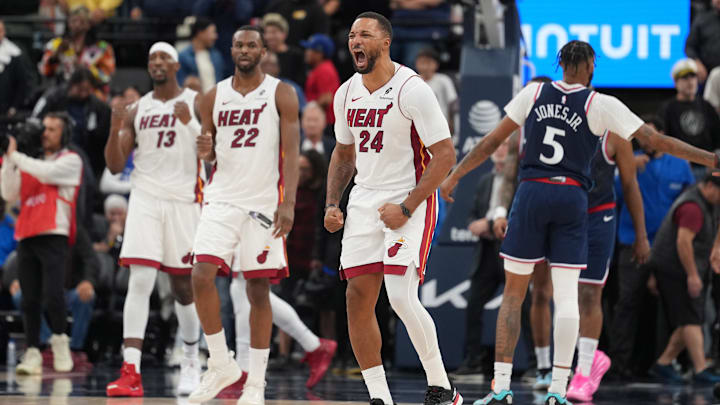 Nov 3, 2025; Inglewood, California, USA; Miami Heat guard Norman Powell (24) celebrates at the end of the game against the LA Clippers at Intuit Dome. Mandatory Credit: Kirby Lee-Imagn Images