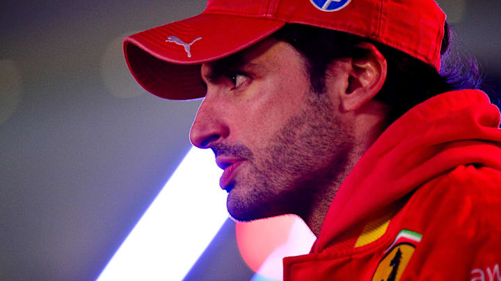 Nov 20, 2024; Las Vegas, Nevada, USA; Scuderia Ferrari driver Carlos Sainz (55) during media availabilities at Las Vegas Circuit. Mandatory Credit: Gary A. Vasquez-Imagn Images