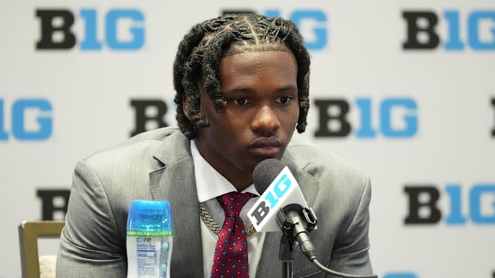 Jul 22, 2025; Las Vegas, NV, USA; Ohio State wide receiver Jeremiah Smith speaks to the media during the Big Ten NCAA college football media days at Mandalay Bay Resort. Mandatory Credit: Lucas Peltier-Imagn Images