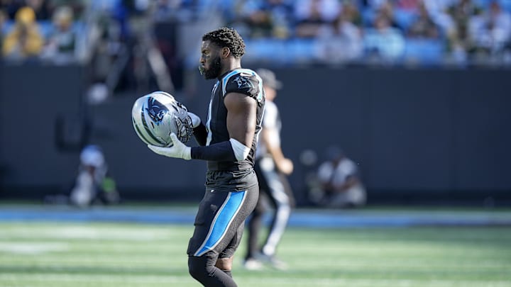 Dec 24, 2023; Charlotte, North Carolina, USA; Carolina Panthers linebacker Brian Burns (0) takes the