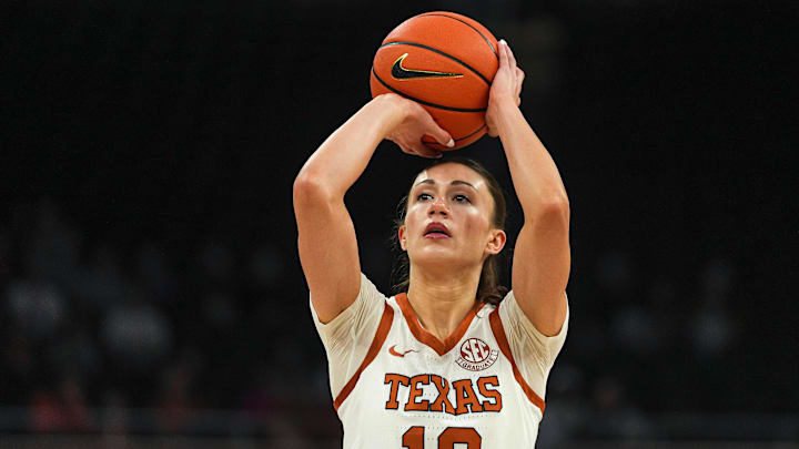 Texas Longhorns guard Shay Holle (10) shoots a free throw during the game against South Dakota State at the Moody Center on Sunday, Dec. 22, 2024. Texas Longhorns guard Shay Holle (10) shoots a free throw during the game against South Dakota State at the Moody Center on Sunday, Dec. 22, 2024.