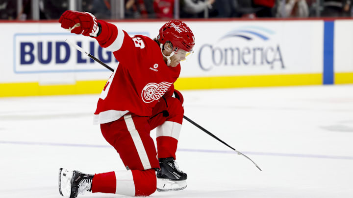 Jan 7, 2025; Detroit, Michigan, USA; Detroit Red Wings right wing Patrick Kane (88) celebrates after scoring in overtime against the Ottawa Senators at Little Caesars Arena. Mandatory Credit: Rick Osentoski-Imagn Images