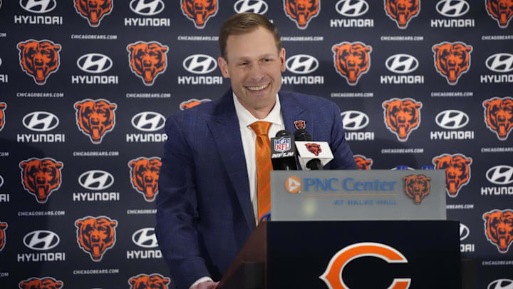Jan 22, 2025; Lake Forest, IL, USA; Chicago Bears head coach Ben Johnson answers questions during a introductory press conference at PNC Center. Mandatory Credit: David Banks-Imagn Images