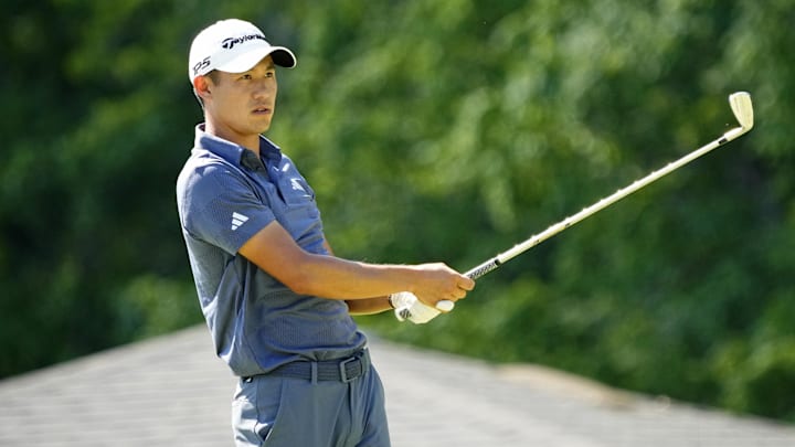 May 19, 2024; Louisville, Kentucky, USA; Collin Morikawa tees off on the eighth hole during the