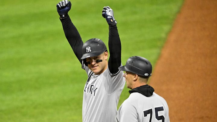 New York Yankees first baseman Anthony Rizzo (48) reacts during the Yankees win on the road in Game 4 of the ALDS in Cleveland vs. the Guardians.