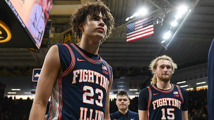 Jan 11, 2026; Iowa City, Iowa, USA; Illinois Fighting Illini guard Keaton Wagler (23) and forward Jake Davis (15) walk off the court after the game against the Iowa Hawkeyes at Carver-Hawkeye Arena. Mandatory Credit: Jeffrey Becker-Imagn Images
