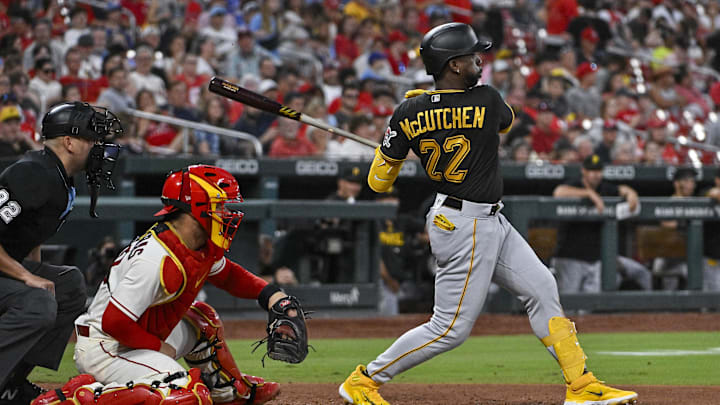Sep 2, 2023; St. Louis, Missouri, USA;  Pittsburgh Pirates designated hitter Andrew McCutchen (22)