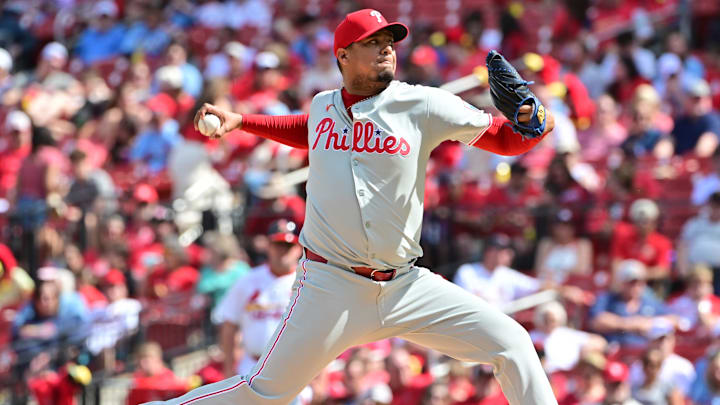 Apr 13, 2025; St. Louis, Missouri, USA; Philadelphia Phillies pitcher Carlos Hernandez pitches in relief against the St. Louis Cardinals in the eighth inning at Busch Stadium. Mandatory Credit: Tim Vizer-Imagn Images