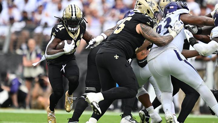 New Orleans Saints running back Alvin Kamara (41) moves with the ball in the second half against the Baltimore Ravens at M&T Bank Stadium. New Orleans Saints running back Alvin Kamara (41) moves with the ball in the second half against the Baltimore Ravens at M&T Bank Stadium.