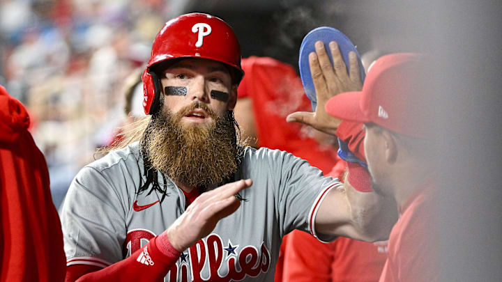 Apr 8, 2024; St. Louis, Missouri, USA;  Philadelphia Phillies left fielder Brandon Marsh (16) is