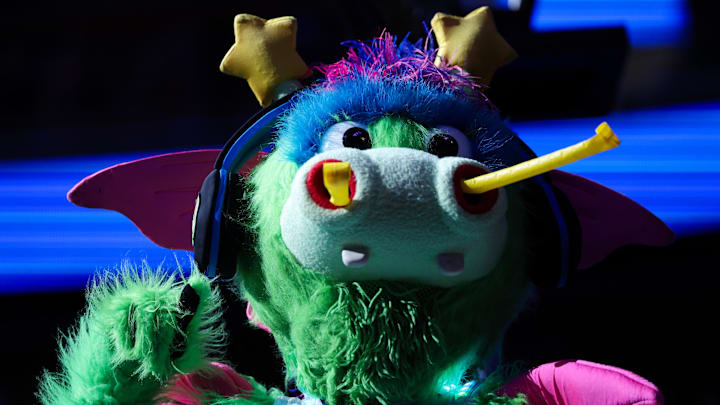 Apr 15, 2025; Orlando, Florida, USA; Orlando Magic mascot Stuff entertains the fans during a break in play against the Atlanta Hawks in the third quarter at Kia Center. Mandatory Credit: Nathan Ray Seebeck-Imagn Images