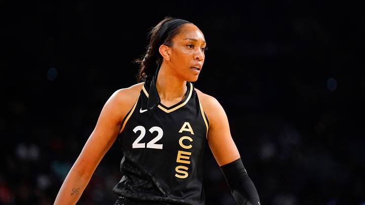 May 28, 2023; Las Vegas, Nevada, USA; Las Vegas Aces forward Aja Wilson (22) competes during the first quarter against the Minnesota Lynx at Michelob Ultra Arena. Mandatory Credit: Lucas Peltier-USA TODAY Sports
