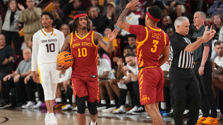 Keshon Gilbert and Tamin Lipsey celebrate an Iowa State win at Arizona State over the weekend.