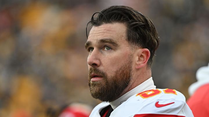 Dec 25, 2024; Pittsburgh, Pennsylvania, USA; Kansas City Chiefs tight end Travis Kelce (87) watch the action against the Pittsburgh Steelers during the second half at Acrisure Stadium. Mandatory Credit: Barry Reeger-Imagn Images