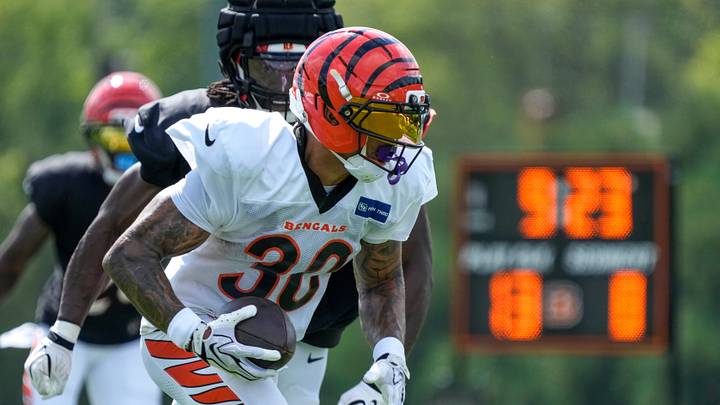 Cincinnati Bengals running back Chase Brown (30) runs the ball during practice at the Paycor Stadium practice facility in downtown Cincinnati on Monday, Aug. 3, 2026.