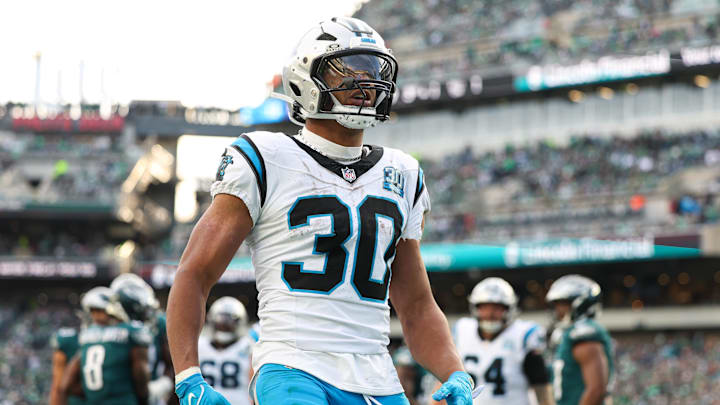 Dec 8, 2024; Philadelphia, Pennsylvania, USA;  Carolina Panthers running back Chuba Hubbard (30) reacts to his touchdown run against the Philadelphia Eagles during the third quarter at Lincoln Financial Field. Mandatory Credit: Bill Streicher-Imagn Images