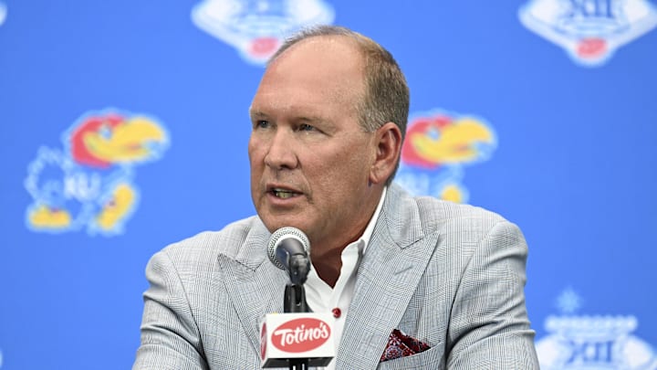 Jul 10, 2024; Las Vegas, NV, USA; Kansas Jayhawks head coach Lance Leipold speaks to the media during the Big 12 Media Days at Allegiant Stadium. Mandatory Credit: Candice Ward-Imagn Images Jul 10, 2024; Las Vegas, NV, USA; Kansas Jayhawks head coach Lance Leipold speaks to the media during the Big 12 Media Days at Allegiant Stadium. Mandatory Credit: Candice Ward-Imagn Images