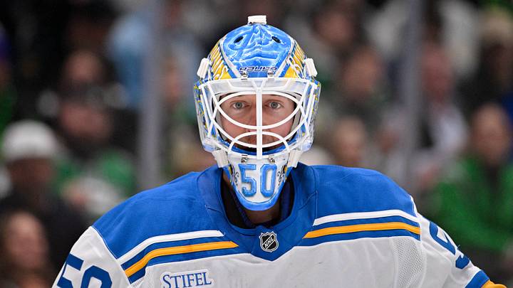 Jan 23, 2026; Dallas, Texas, USA; St. Louis Blues goaltender Jordan Binnington (50) looks on during the second period against the Dallas Stars at the American Airlines Center. Mandatory Credit: Jerome Miron-Imagn Images Jan 23, 2026; Dallas, Texas, USA; St. Louis Blues goaltender Jordan Binnington (50) looks on during the second period against the Dallas Stars at the American Airlines Center. Mandatory Credit: Jerome Miron-Imagn Images