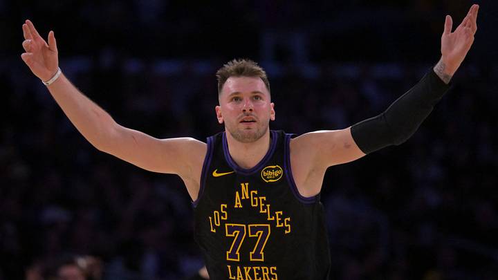 Jan 2, 2026; Los Angeles, California, USA; Los Angeles Lakers guard Luka Doncic (77) reacts after a 3-point basket in the second half against the Memphis Grizzlies at Crypto.com Arena. Mandatory Credit: Jayne Kamin-Oncea-Imagn Images
