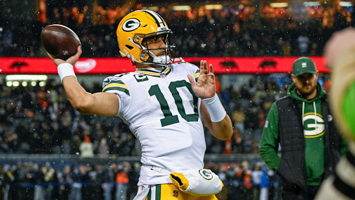 Jan 10, 2026; Chicago, IL, USA; Green Bay Packers quarterback Jordan Love (10) warms up prior to an NFC Wild Card Round game against the Chicago Bears at Soldier Field. Mandatory Credit: Matt Marton-Imagn Images