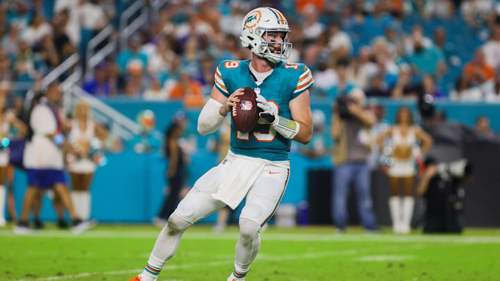 Miami Dolphins quarterback Skylar Thompson (19) looks for a passing option against the Buffalo Bills during the fourth quarter at Hard Rock Stadium.