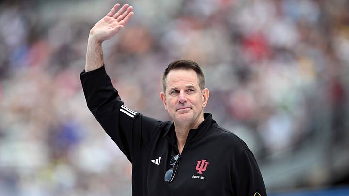May 24, 2026; Indianapolis, Indiana, USA; Indiana Hoosiers  football head coach Curt Cignetti waves before the 110th Running of the Indianapolis 500 at Indianapolis Motor Speedway. Mandatory Credit: Marc Lebryk-Imagn Images