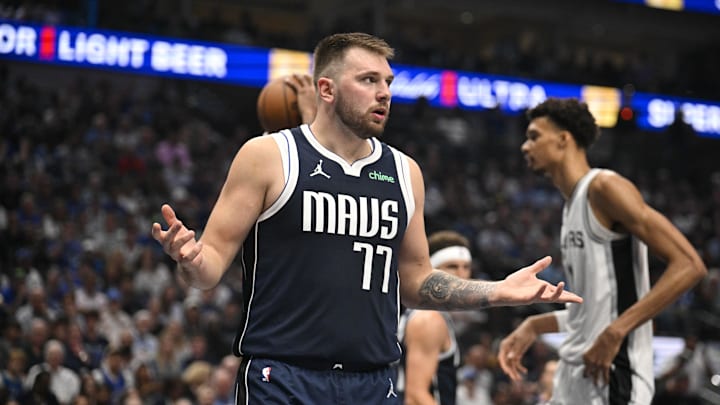 Luka Doncic reacts to a call during the Mavericks game against the Spurs. Luka Doncic reacts to a call during the Mavericks game against the Spurs.