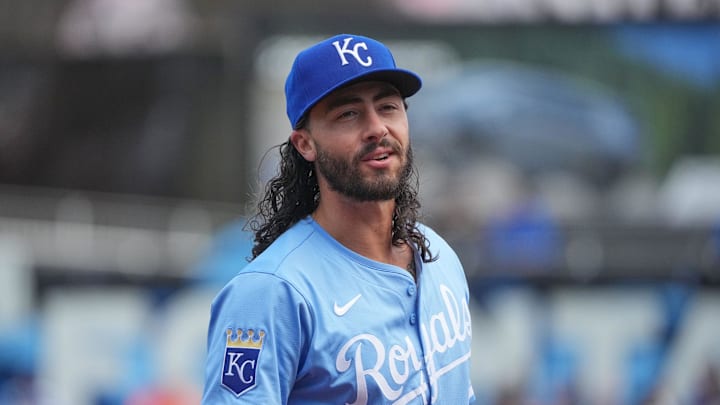 Apr 10, 2025; Kansas City, Missouri, USA; Kansas City Royals third baseman Jonathan India (6) on field against the Minnesota Twins during the game at Kauffman Stadium. Mandatory Credit: Denny Medley-Imagn Images