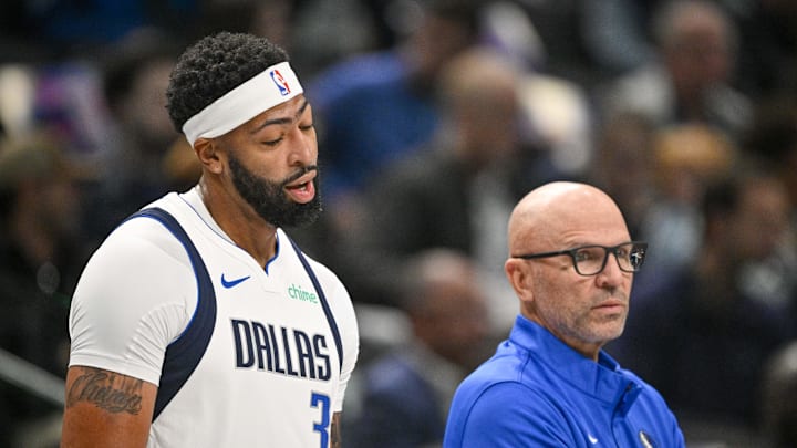 Oct 29, 2025; Dallas, Texas, USA; Dallas Mavericks forward Anthony Davis (3) exchanges words with Dallas Mavericks head coach Jason Kidd as Davis walks off the court during the first quarter at the American Airlines Center. Mandatory Credit: Jerome Miron-Imagn Images