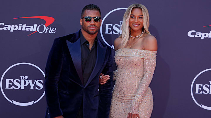 Jul 16, 2025; Los Angeles, CA, USA; Russell Wilson and Ciara on the red carpet before the ESPYS at The Dolby Theatre. Mandatory Credit: Kirby Lee-Imagn Images